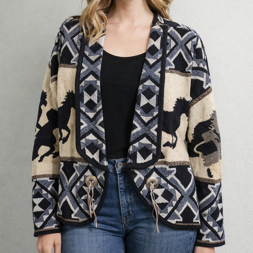 Vintage Western Aztec Horse Tapestry Cardigan Jacket Silver Button Tassels Large